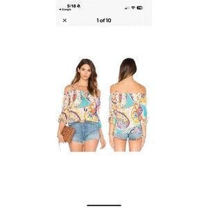 TRINA TURK Jillian Top Off Shoulder  Silk Spandex Stretch Tasseled Size SMALL